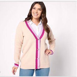 Brand New Denim&Co Cream Cardigan with Pink Trim